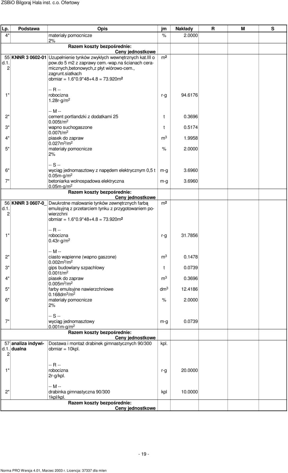005t/ 3* wapno suchogaszone 0.007t/ 4* piasek do zapraw 0.07 3 / 5* ateriały poocnicze % %.0000 -- S -- 6* wyciąg jednoasztowy z napęde elektryczny 0,5 t -g 3.6960 0.