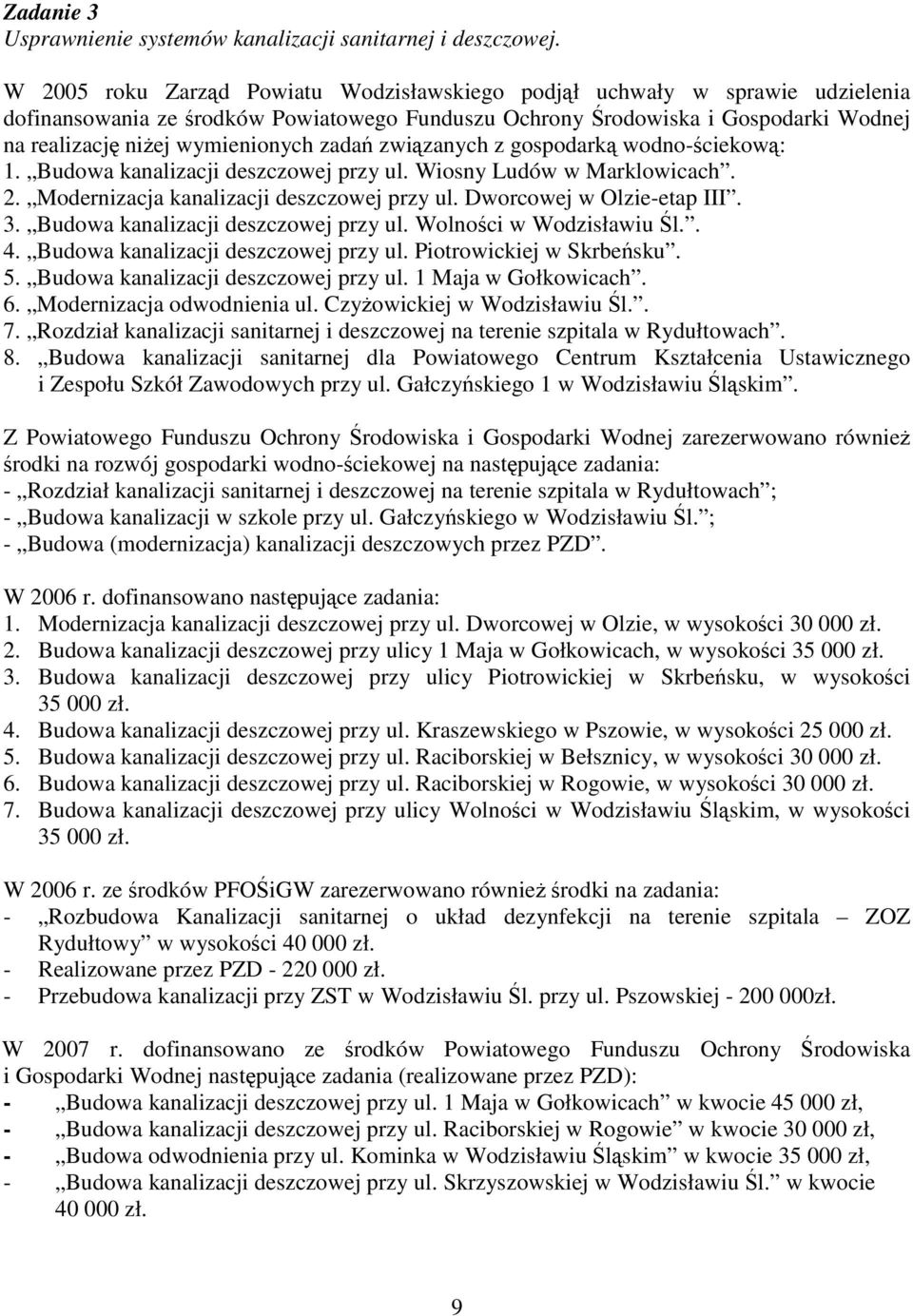 zadań związanych z gospodarką wodno-ściekową: 1. Budowa kanalizacji deszczowej przy ul. Wiosny Ludów w Marklowicach. 2. Modernizacja kanalizacji deszczowej przy ul. Dworcowej w Olzie-etap III. 3.