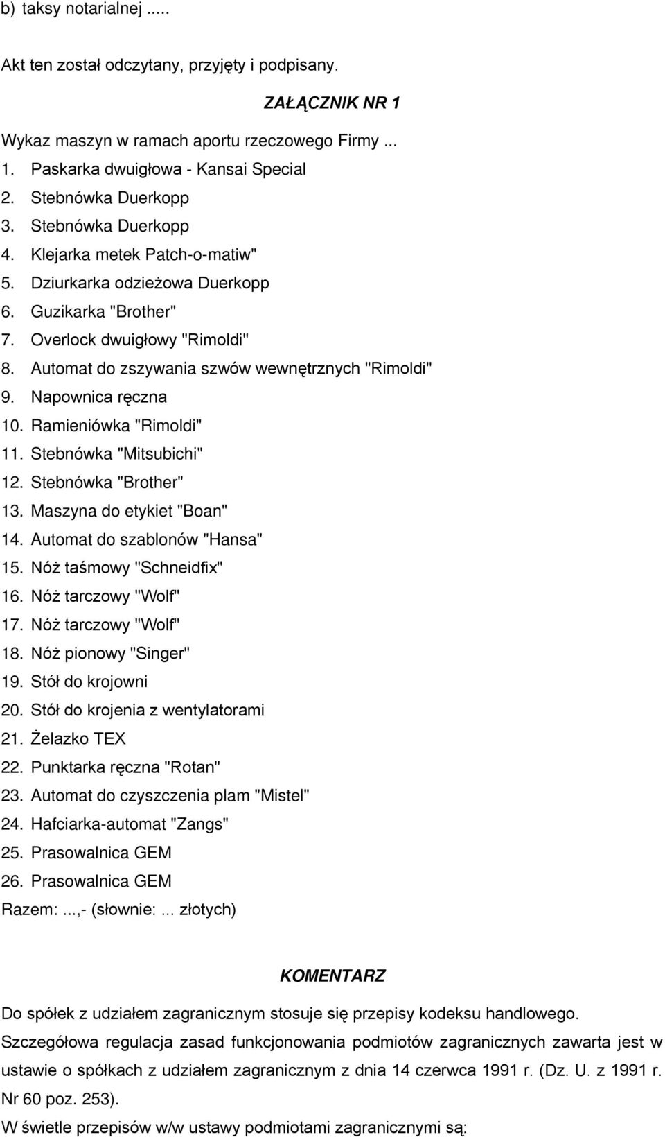 Napownica ręczna 10. Ramieniówka "Rimoldi" 11. Stebnówka "Mitsubichi" 12. Stebnówka "Brother" 13. Maszyna do etykiet "Boan" 14. Automat do szablonów "Hansa" 15. Nóż taśmowy "Schneidfix" 16.