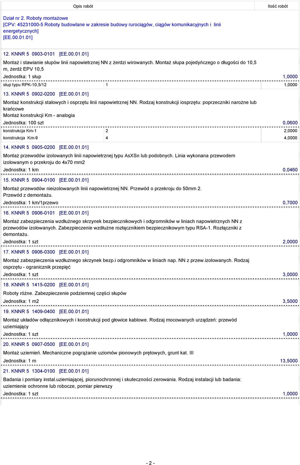 Montaż słupa pojedyńczego o długości do 10,5 m, żerdź EPV 10,5 Jednostka: 1 słup 1,0000 słup typu RPK-10,5/12 1 1,0000 13. KNNR 5 0902-0200 [EE.00.01.