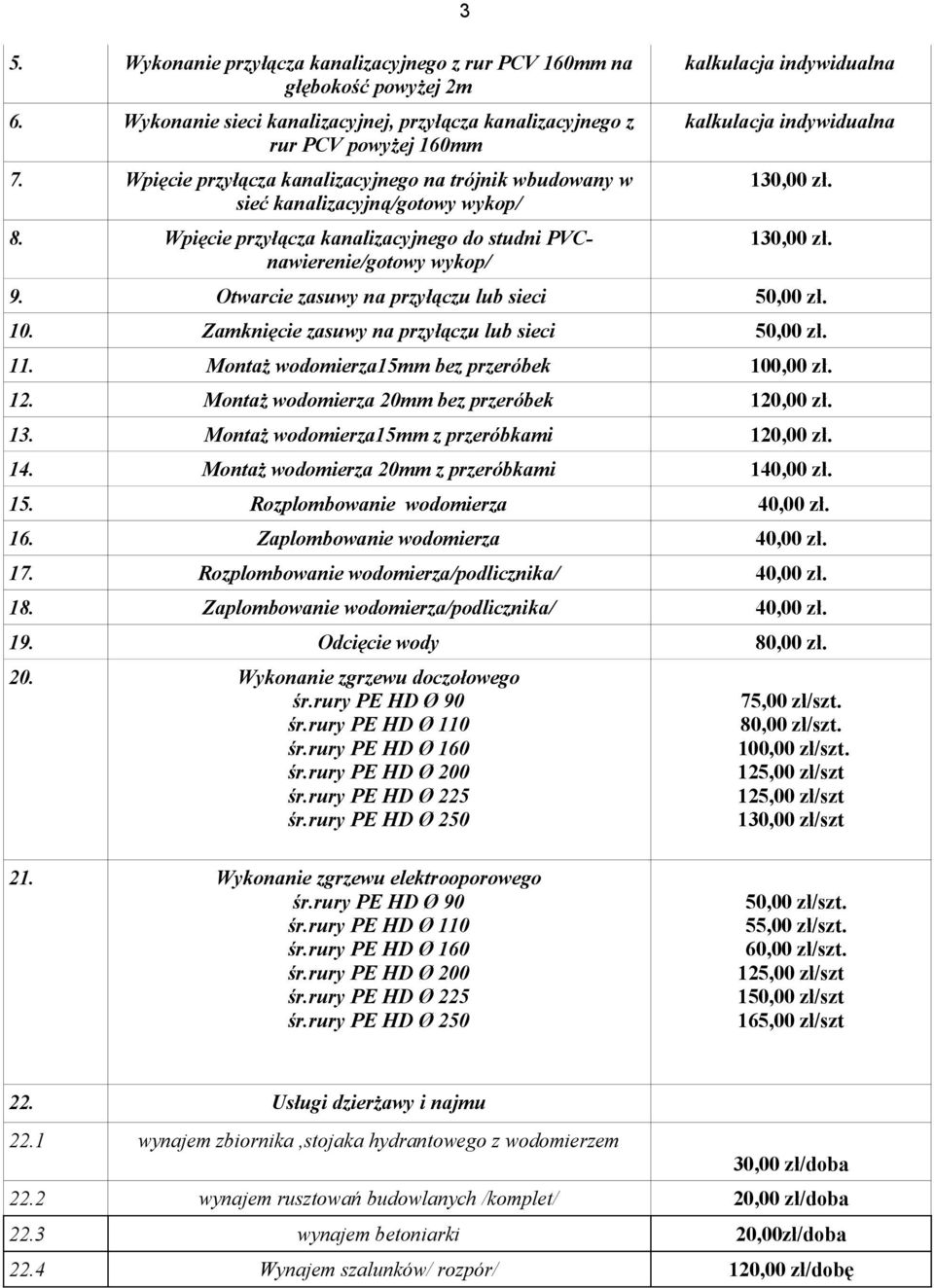 Wpięcie przyłącza kanalizacyjnego do studni PVCnawierenie/gotowy wykop/ 3 kalkulacja indywidualna kalkulacja indywidualna 130,00 zł. 130,00 zł. 9. Otwarcie zasuwy na przyłączu lub sieci 50,00 zł. 10.