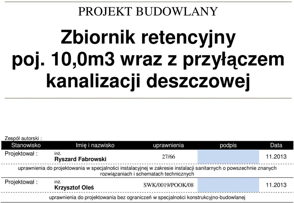 Projektował : inż. Ryszard Fabrowski 27/66 11.