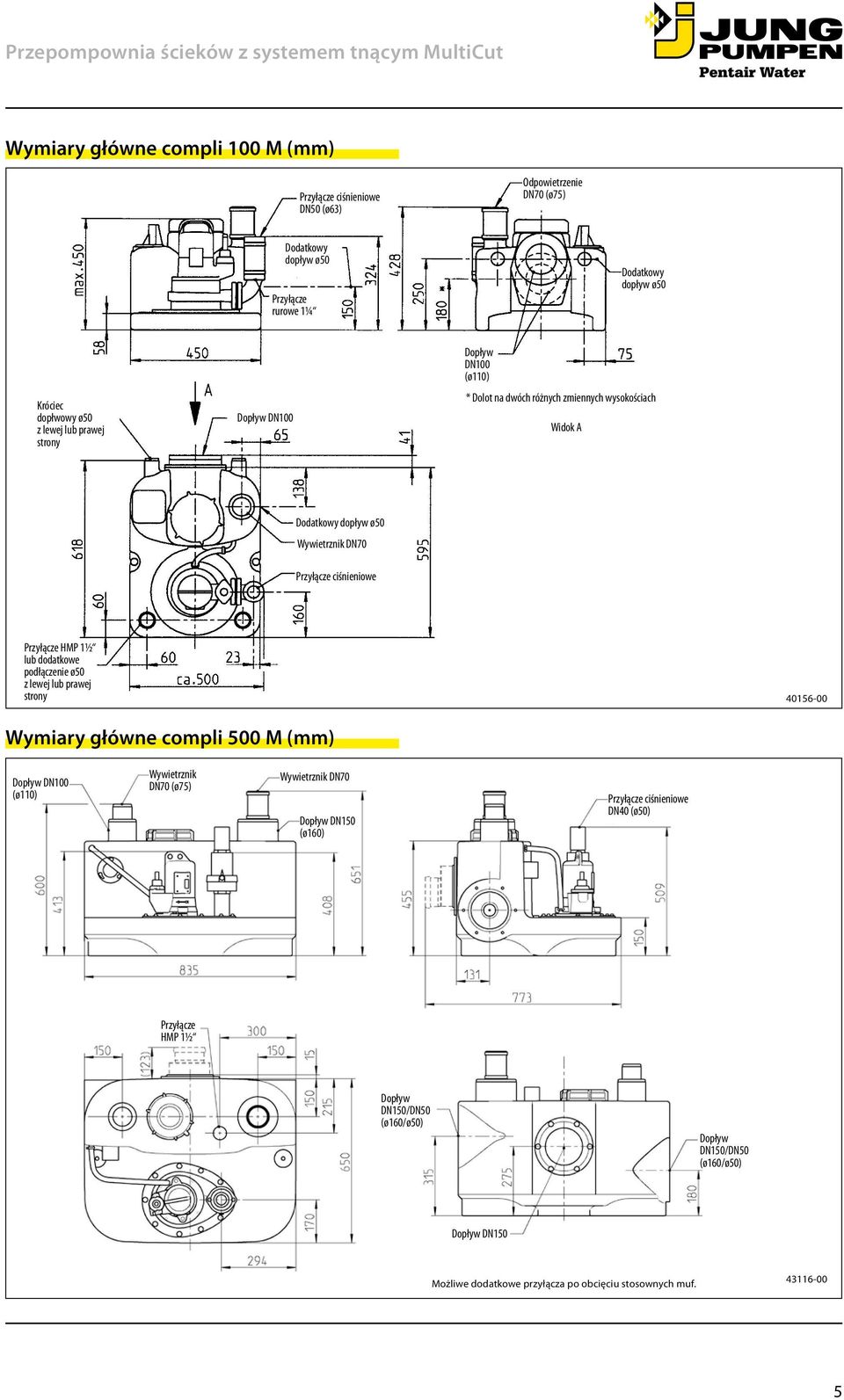 DN70 ciśnieniowe HMP 1½ lub dodatkowe podłączenie ø50 z lewej lub prawej strony 40156-00 Wymiary główne compli 500 M (mm) DN100 (ø110) Wywietrznik