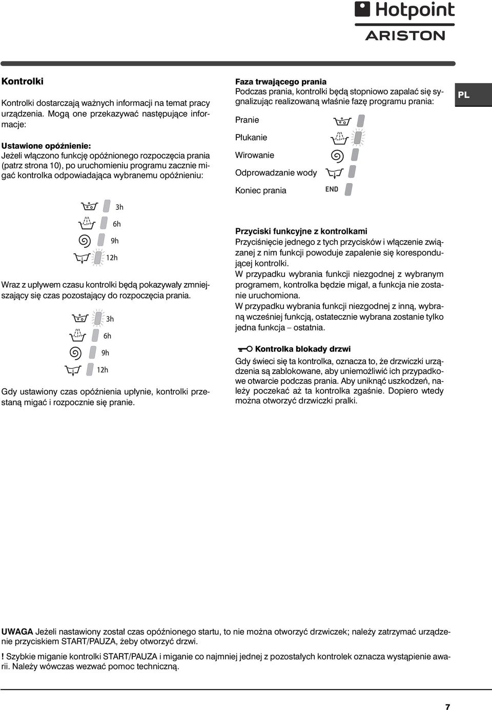 odpowiadajàca wybranemu opóênieniu: Faza trwajàcego prania Podczas prania, kontrolki b dà stopniowo zapalaç si sygnalizujàc realizowanà w aênie faz programu prania: Pranie P ukanie Wirowanie