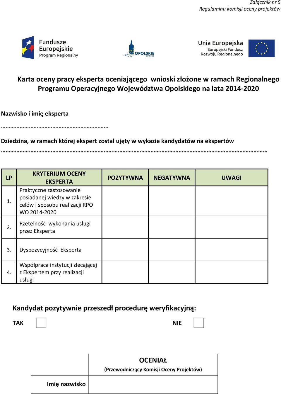 KRYTERIUM OCENY EKSPERTA Praktyczne zastosowanie posiadanej wiedzy w zakresie celów i sposobu realizacji RPO WO 2014-2020 POZYTYWNA NEGATYWNA UWAGI 2.