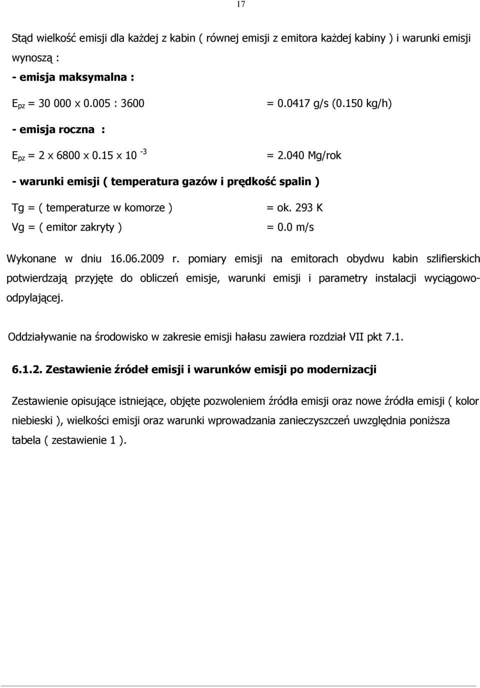 293 K = 0.0 m/s Wykonane w dniu 16.06.2009 r.