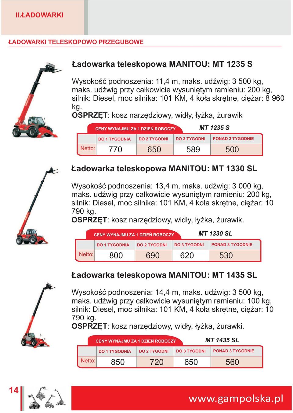 OSPRZÊT: kosz narzêdziowy, wid³y, ³y ka, urawik MT 1235 S Netto: 770 650 589 500 adowarka teleskopowa MANITOU: MT 1330 SL Wysokoœæ podnoszenia: 13,4 m, maks. udÿwig: 3 000 kg, maks.