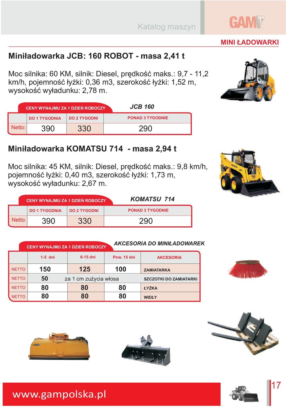 JCB 160 Netto: 390 330 290 Mini³adowarka KOMATSU 714 - masa 2,94 t Moc silnika: 45 KM, silnik: Diesel, prêdkoœæ maks.