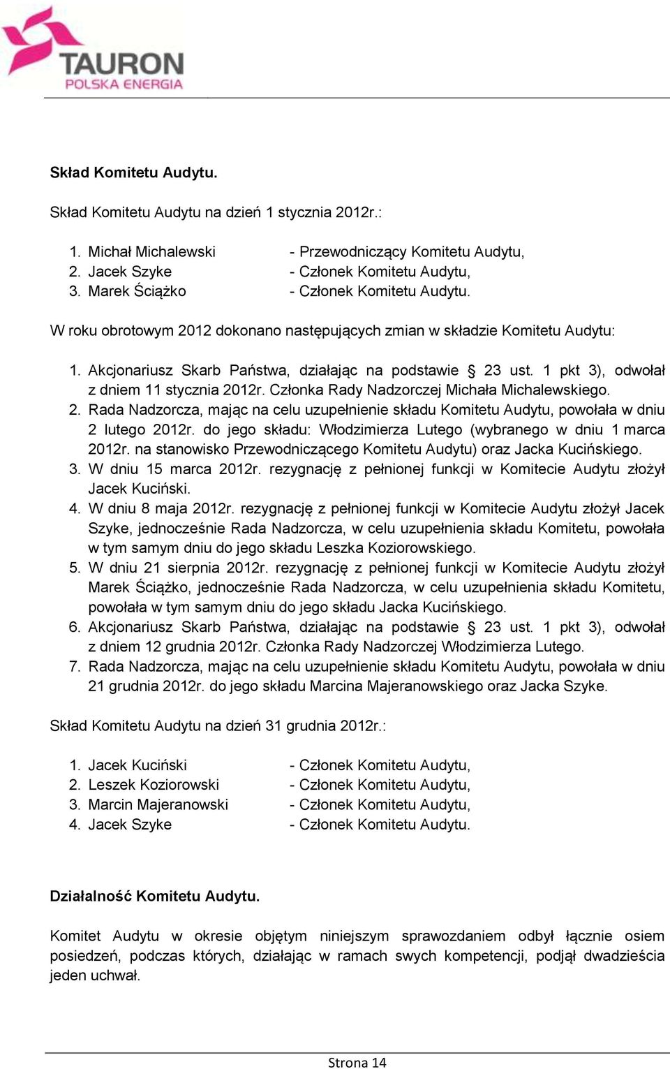 1 pkt 3), odwołał z dniem 11 stycznia 2012r. Członka Rady Nadzorczej Michała Michalewskiego. 2. Rada Nadzorcza, mając na celu uzupełnienie składu Komitetu Audytu, powołała w dniu 2 lutego 2012r.