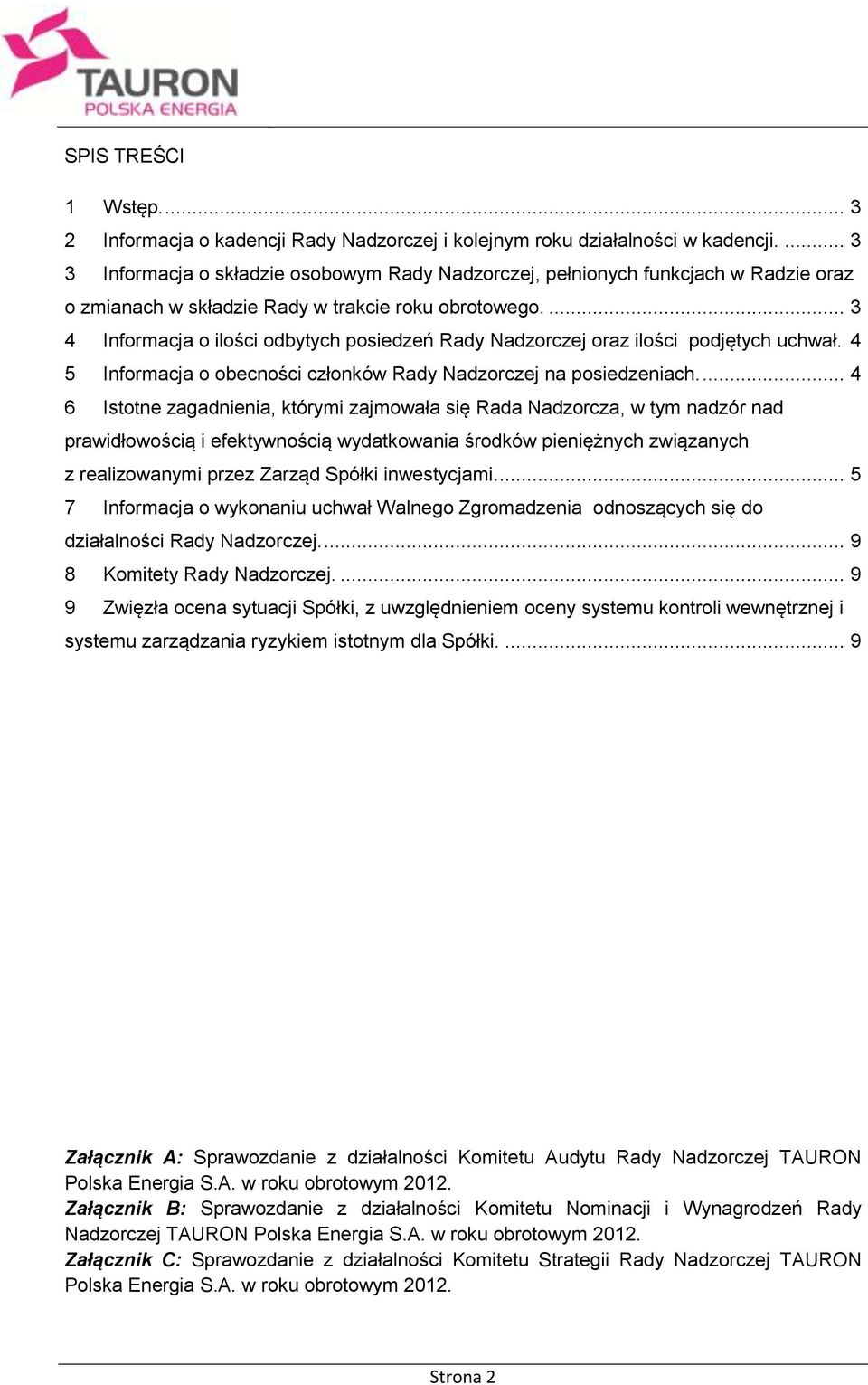 ... 3 4 Informacja o ilości odbytych posiedzeń Rady Nadzorczej oraz ilości podjętych uchwał. 4 5 Informacja o obecności członków Rady Nadzorczej na posiedzeniach.