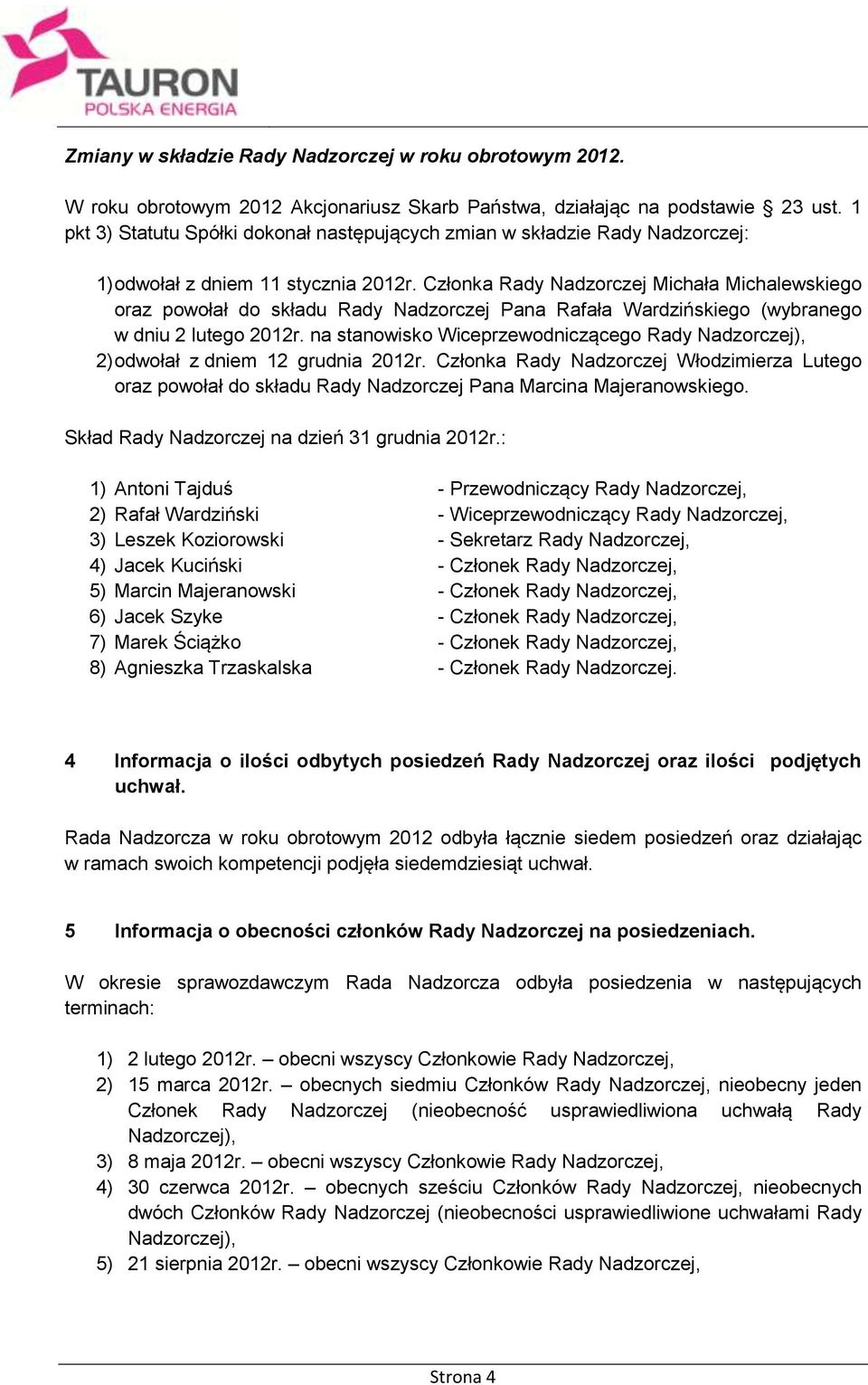 Członka Rady Nadzorczej Michała Michalewskiego oraz powołał do składu Rady Nadzorczej Pana Rafała Wardzińskiego (wybranego w dniu 2 lutego 2012r.
