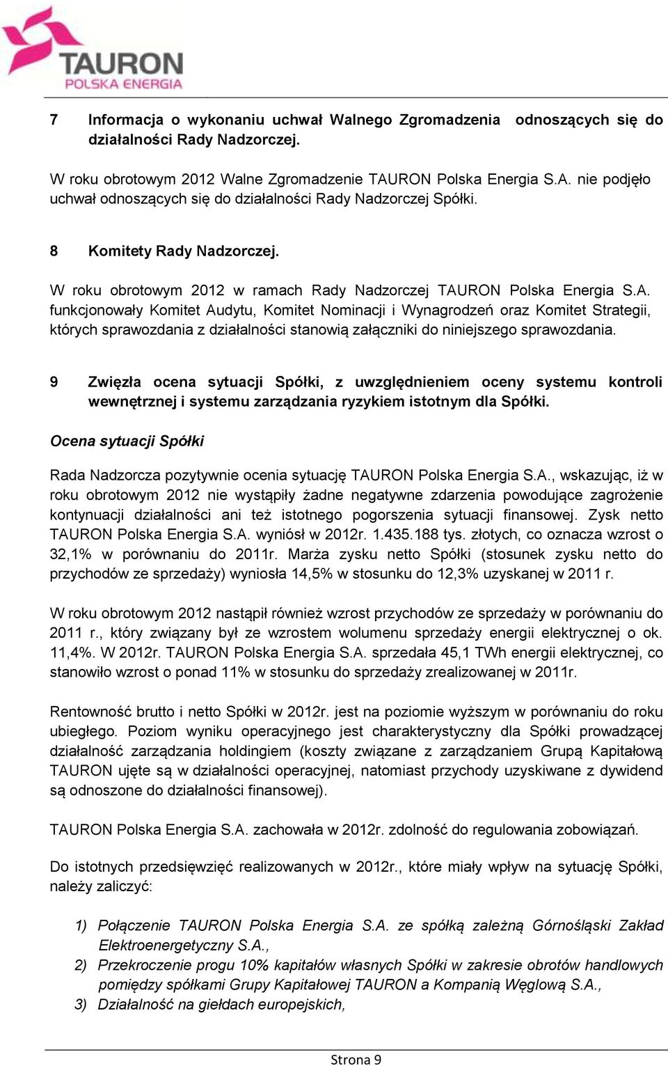 9 Zwięzła ocena sytuacji Spółki, z uwzględnieniem oceny systemu kontroli wewnętrznej i systemu zarządzania ryzykiem istotnym dla Spółki.