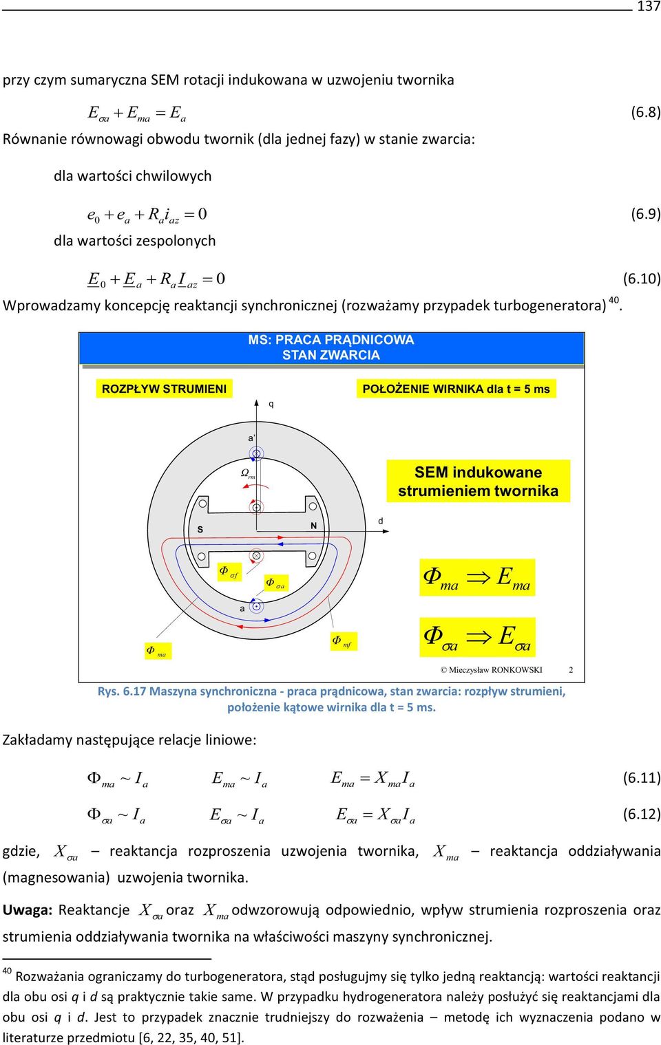 MS: PRACA PRĄDNICOWA STAN ZWARCIA ROZPŁYW STRUMIENI q POŁOŻENIE WIRNIKA dl t = 5 m Ω rm SEM indukowne trumieniem twornik S N S N d Φ f Φ Φm E m Φ m Φ mf Φ E Mieczyłw RONKOWSKI 2 Ry. 6.