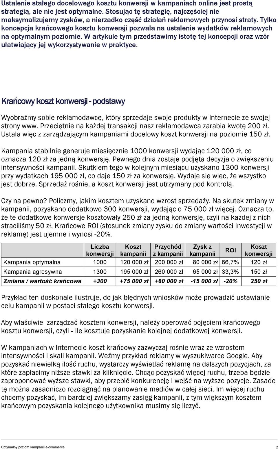 Tylko koncepcja krańcowego kosztu konwersji pozwala na ustalenie wydatków reklamowych na optymalnym poziomie.