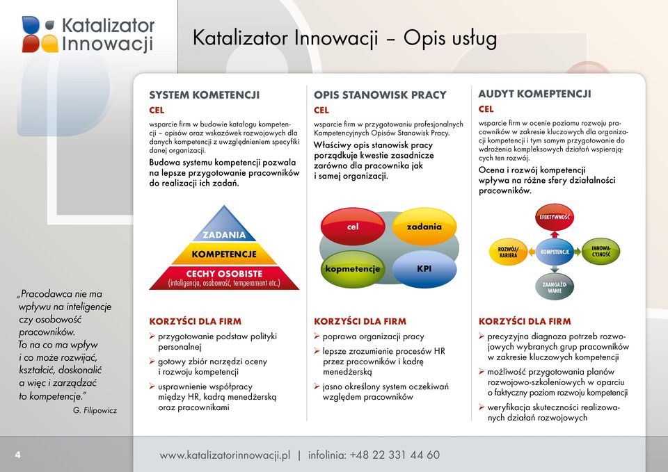 wsparcie firm w przygotowaniu profesjonalnych Kompetencyjnych Opisów Stanowisk Pracy. Właściwy opis stanowisk pracy porządkuje kwestie zasadnicze zarówno dla pracownika jak i samej organizacji.