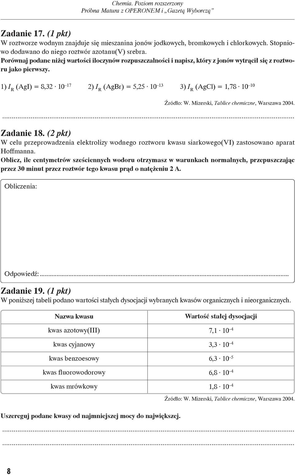 1) I R (AgI) = 8,32 10 17 2) I R (AgBr) = 5,25 10 13 3) I R (AgCl) = 1,78 10 10 Źró dło: W. Mi zer ski, Ta bli ce che micz ne, War sza wa 2004. Za da nie 18.