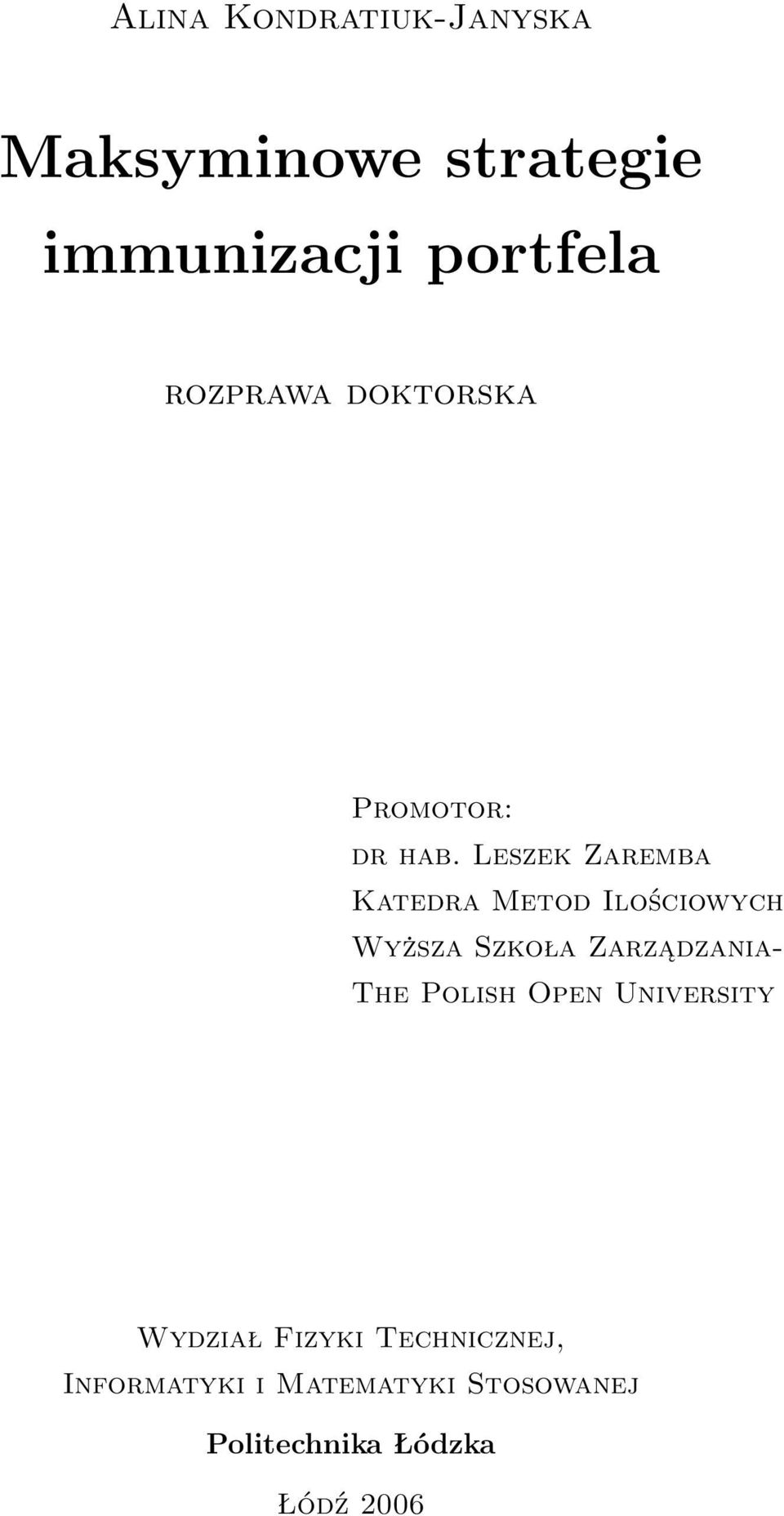 Leszek Zaremba Kaedra Meod Ilościowych Wyższa Szkoła Zarządzania- The