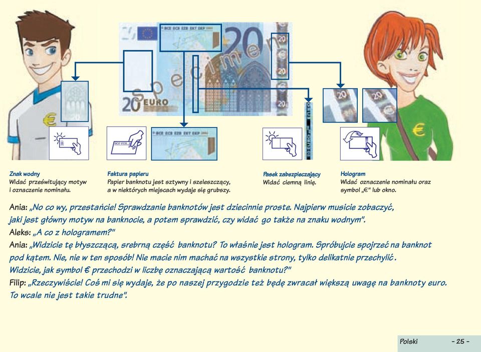 Sprawdzanie banknotów jest dziecinnie proste Najpierw musicie zobaczyć, jaki jest główny motyw na banknocie, a potem sprawdzić, czy widać go takz e na znaku wodnym Aleks: A co z hologramem?