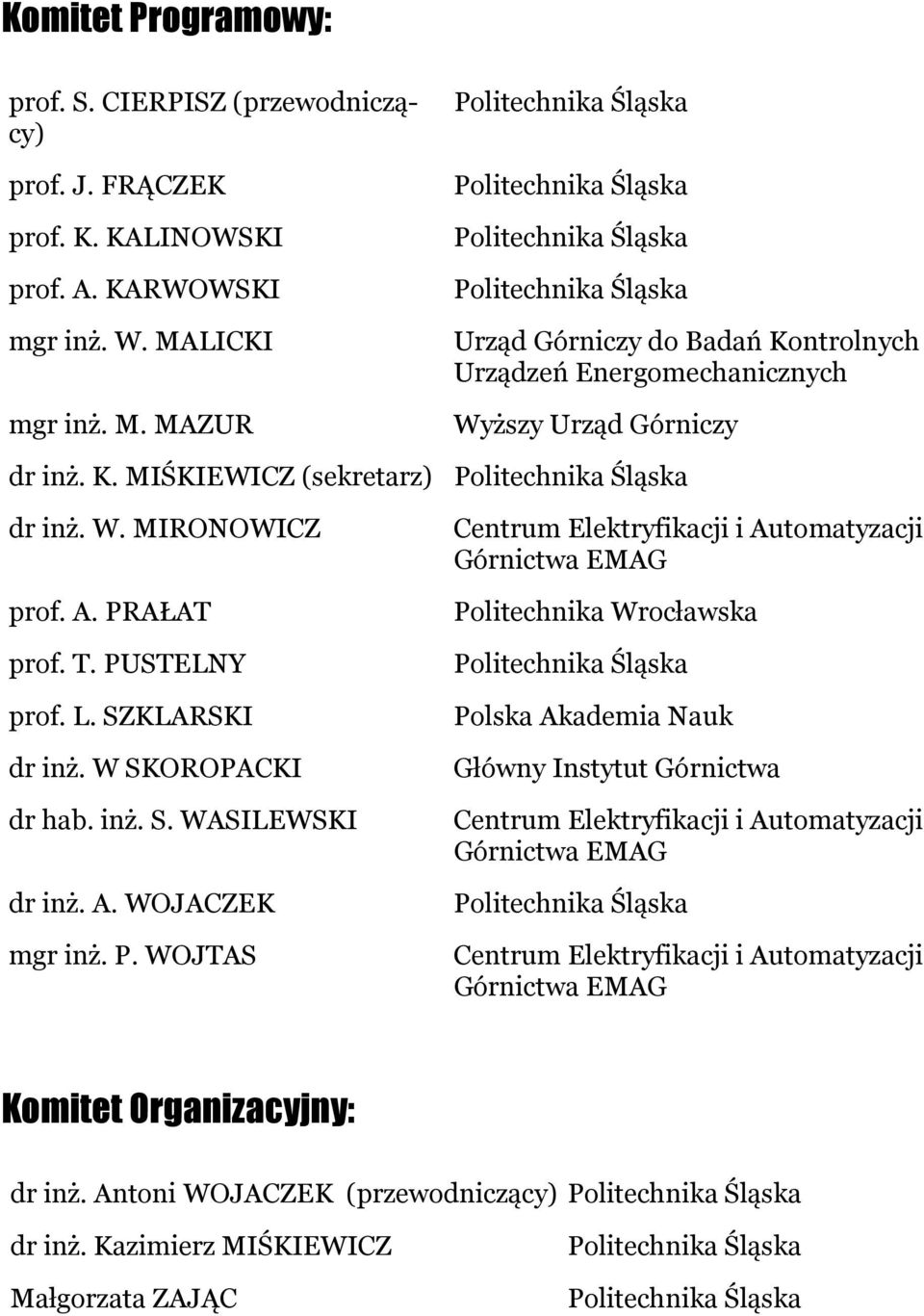 PUSTELNY prof. L. SZKLARSKI dr inż. W SKOROPACKI dr hab. inż. S. WASILEWSKI dr inż. A. WOJACZEK mgr inż. P.