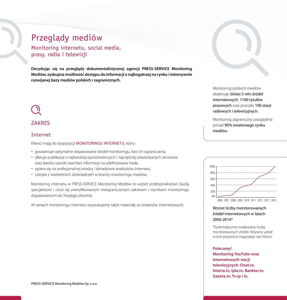 Monitoring polskich mediów obejmuje: blisko 5 mln źródeł internetowych, 1100 tytułów prasowych oraz przeszło 100 stacji radiowych i telewizyjnych.