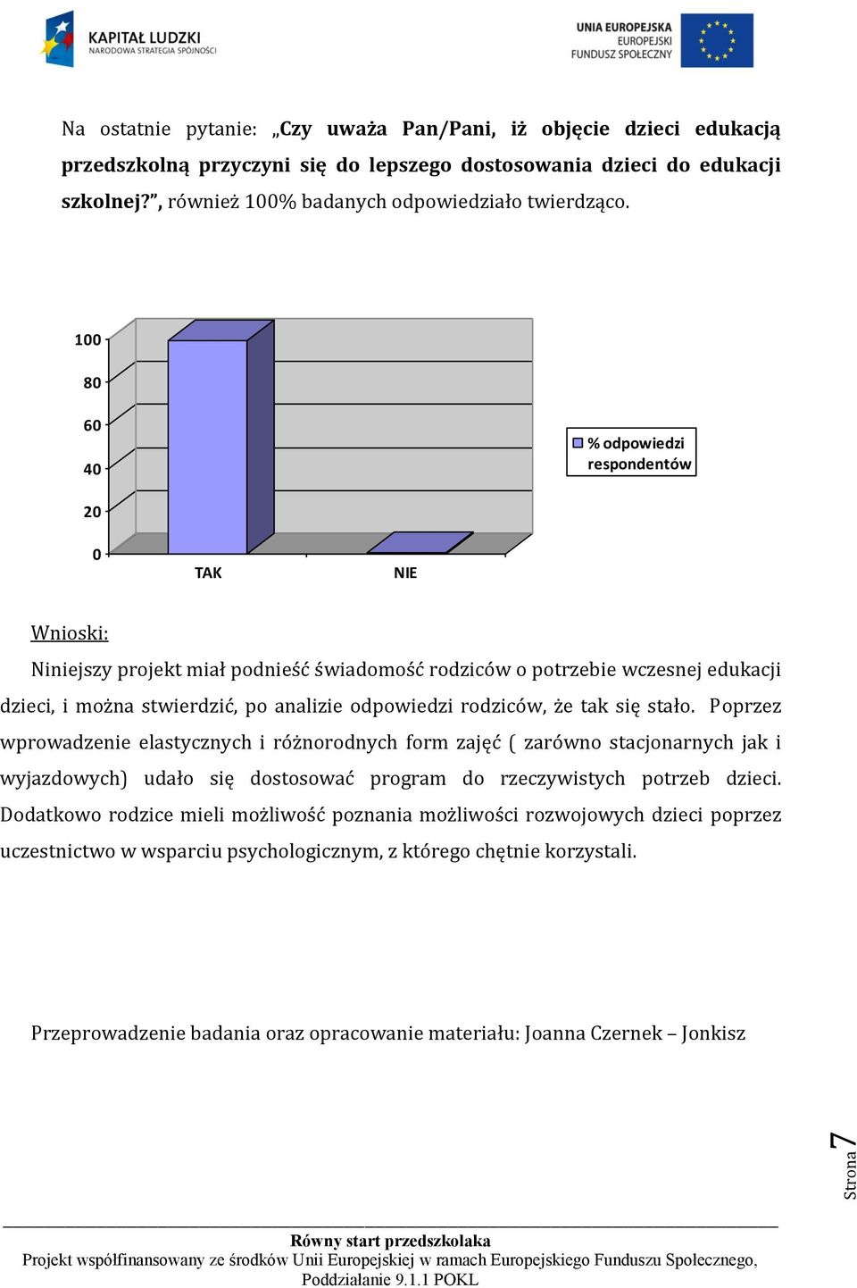 1 8 4 2 Wnioski: Niniejszy projekt miał podnieść świadomość rodziców o potrzebie wczesnej edukacji dzieci, i można stwierdzić, po analizie odpowiedzi rodziców, że tak się stało.