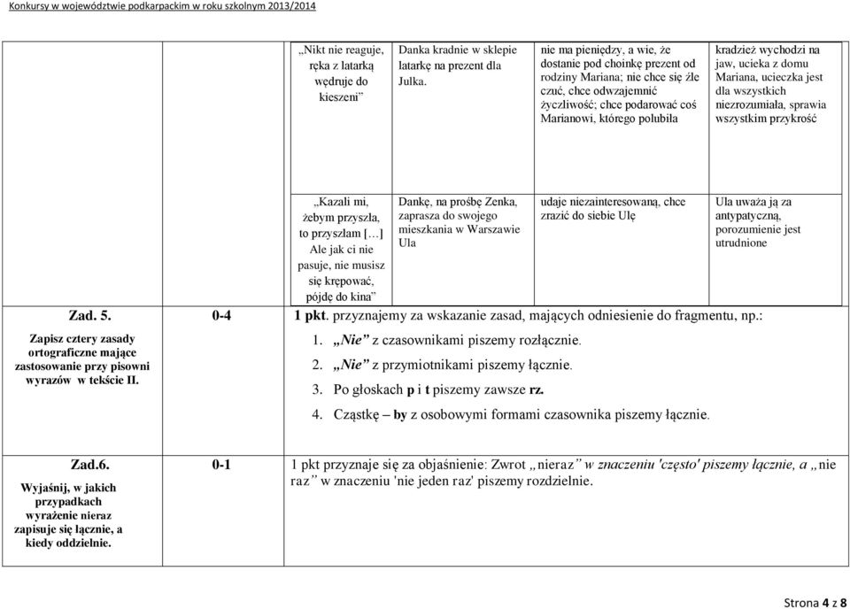 jaw, ucieka z domu Mariana, ucieczka jest dla wszystkich niezrozumiała, sprawia wszystkim przykrość Zad. 5. Zapisz cztery zasady ortograficzne mające zastosowanie przy pisowni wyrazów w tekście II.