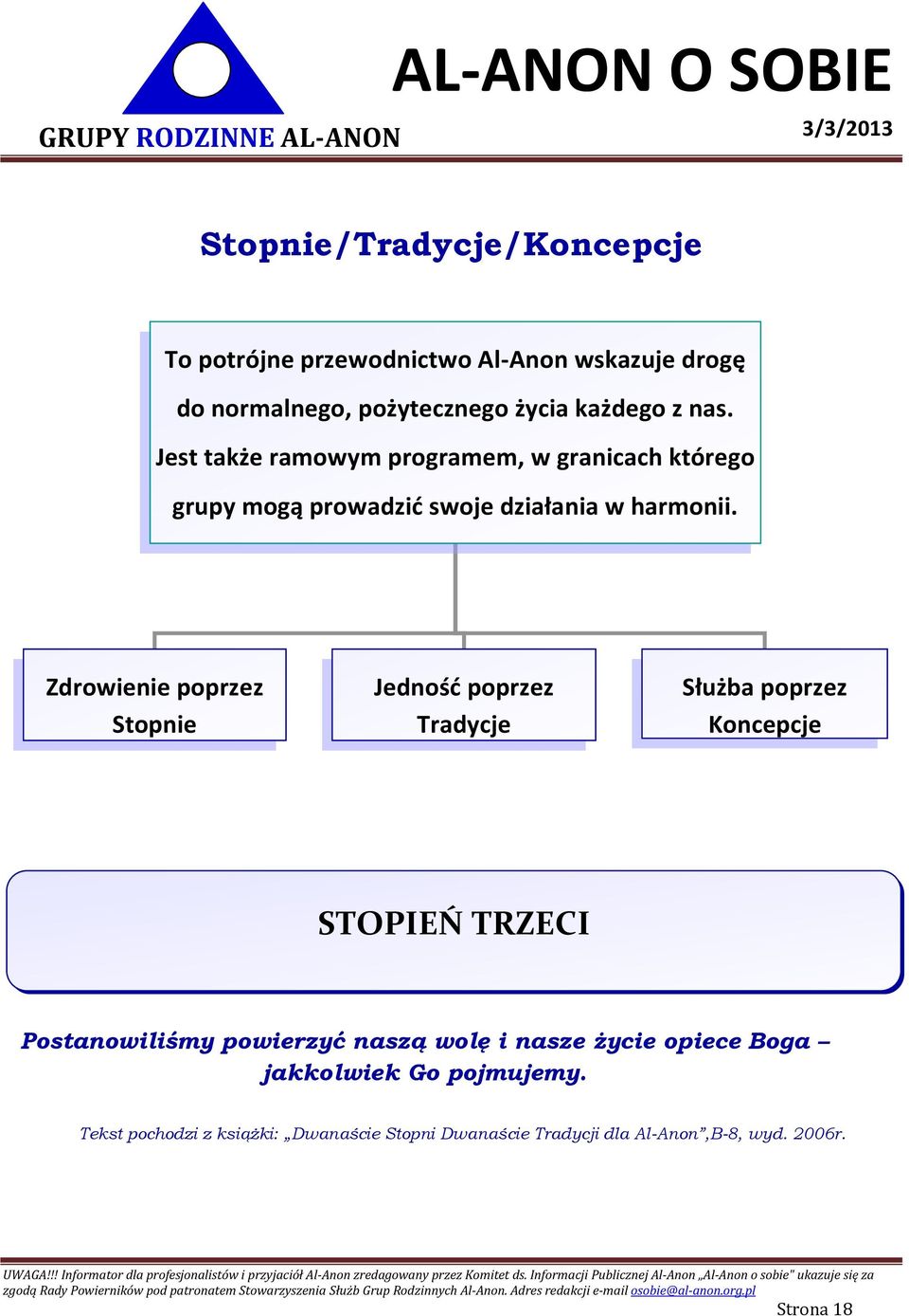 Zdrowienie poprzez Stopnie Jedność poprzez Tradycje Służba poprzez Koncepcje STOPIEŃ TRZECI Postanowiliśmy powierzyć naszą