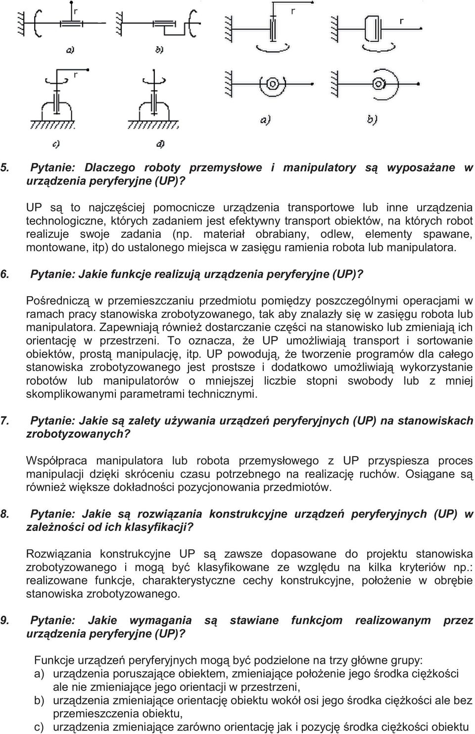 materiał obrabiany, odlew, elementy spawane, montowane, itp) do ustalonego miejsca w zasięgu ramienia robota lub manipulatora. 6. Pytanie: Jakie funkcje realizują urządzenia peryferyjne (UP)?