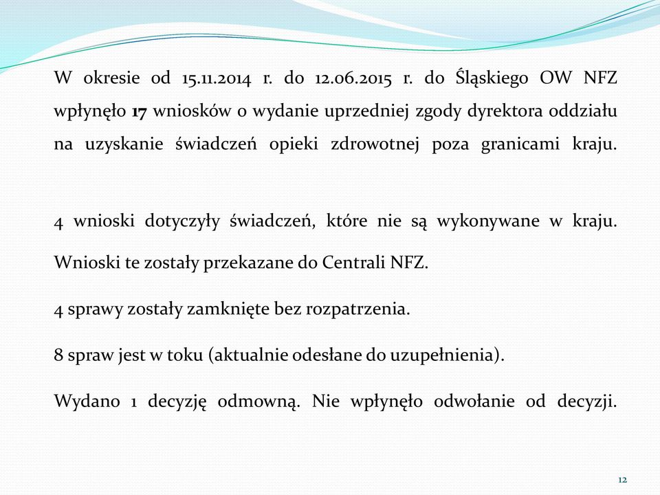 zdrowotnej poza granicami kraju. 4 wnioski dotyczyły świadczeń, które nie są wykonywane w kraju.