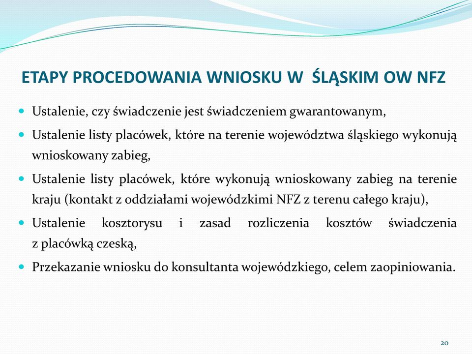 wnioskowany zabieg na terenie kraju (kontakt z oddziałami wojewódzkimi NFZ z terenu całego kraju), Ustalenie kosztorysu i