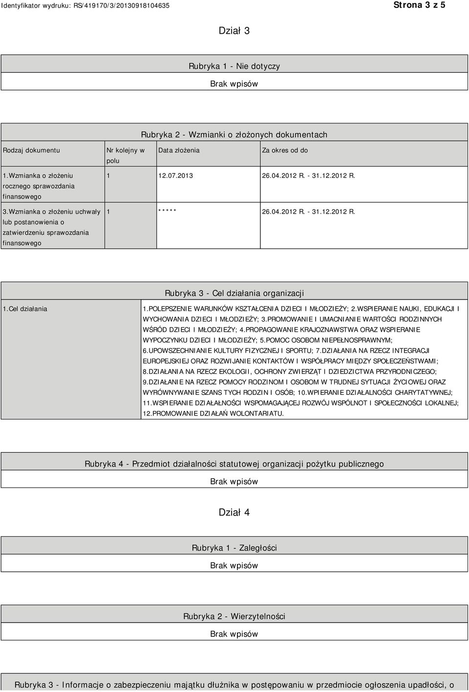 - 31.12.2012 R. 1 ***** 26.04.2012 R. - 31.12.2012 R. Rubryka 3 - Cel działania organizacji 1.Cel działania 1.POLEPSZENIE WARUNKÓW KSZTAŁCENIA DZIECI I MŁODZIEŻY; 2.