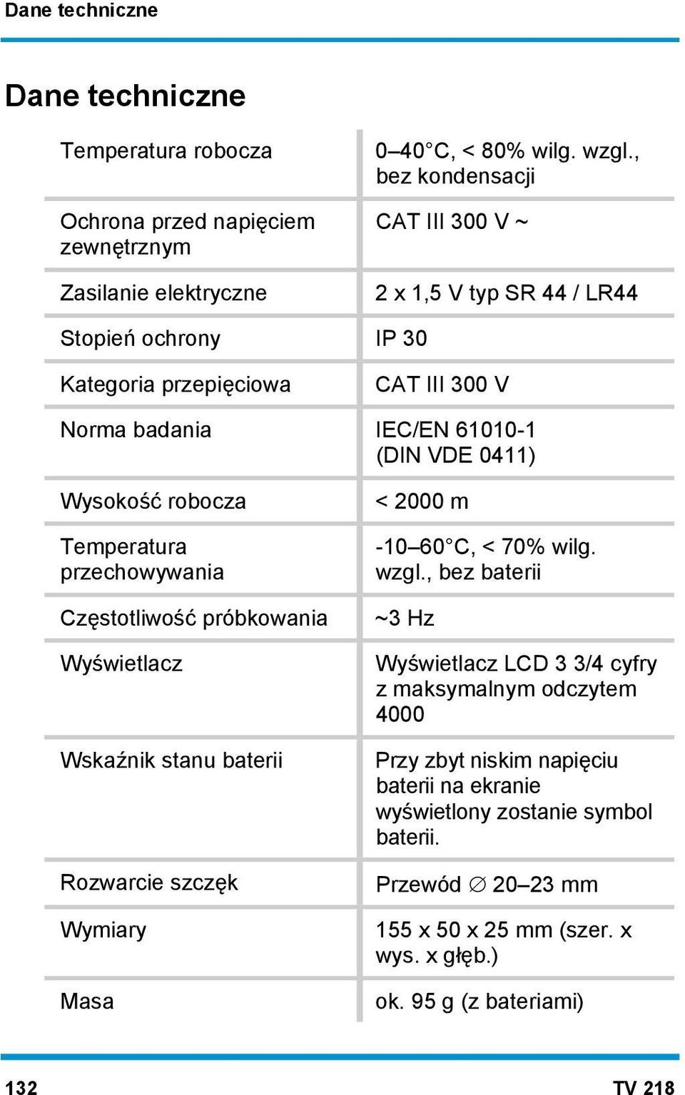 robocza Temperatura przechowywania Częstotliwość próbkowania Wyświetlacz Wskaźnik stanu baterii Rozwarcie szczęk Wymiary Masa < 2000 m -10 60 C, < 70% wilg. wzgl.