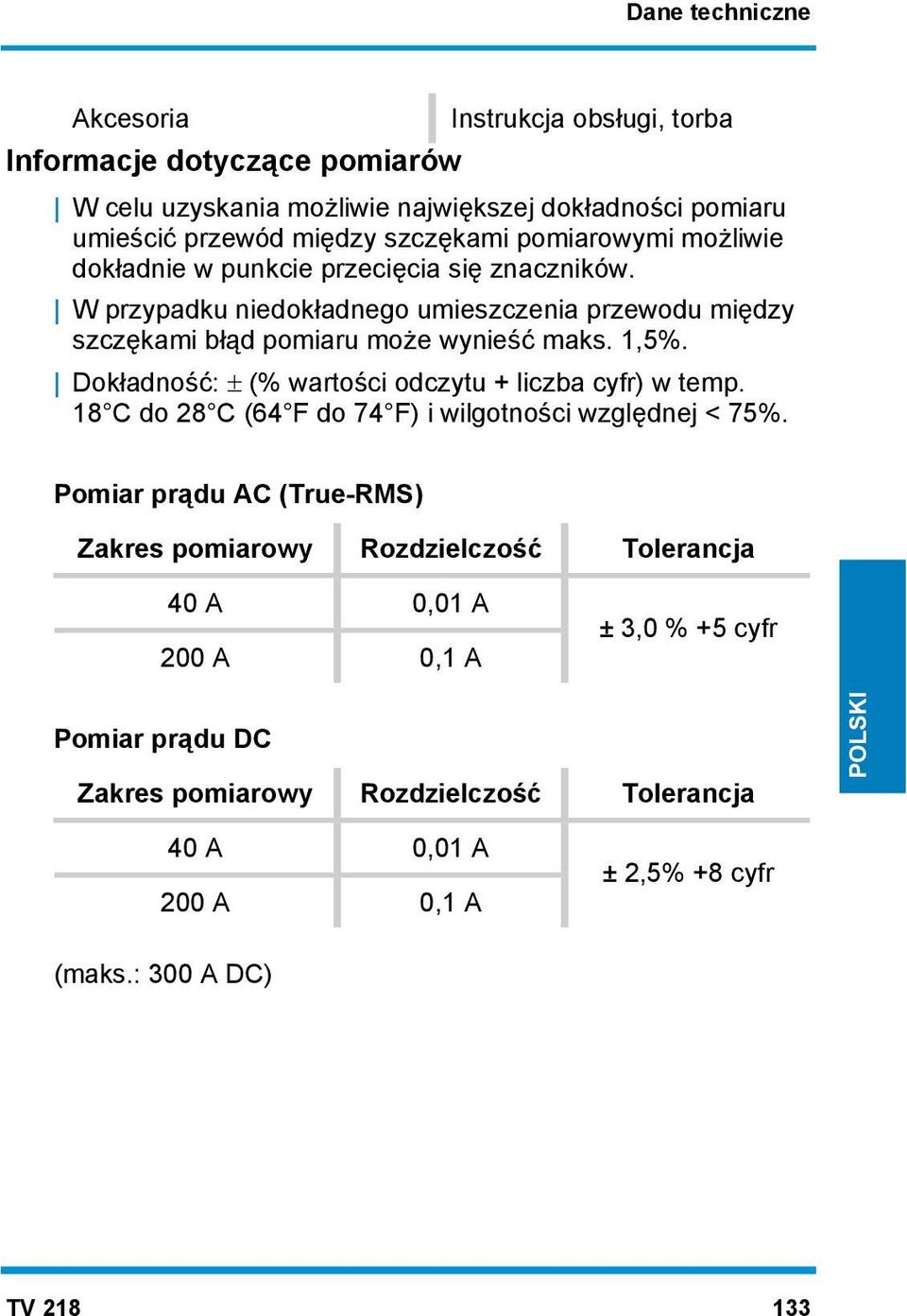 Dokładność: (% wartości odczytu + liczba cyfr) w temp. 18 C do 28 C (64 F do 74 F) i wilgotności względnej < 75%.