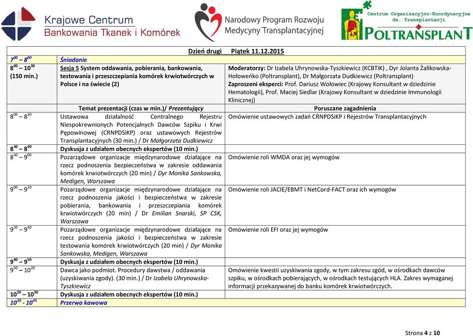 (CRNPDSiKP) oraz ustawowych Rejestrów Transplantacyjnych (30 min.) / Dr Małgorzata Dudkiewicz 8 30 8 40 Dyskusja z udziałem obecnych ekspertów (10 min.