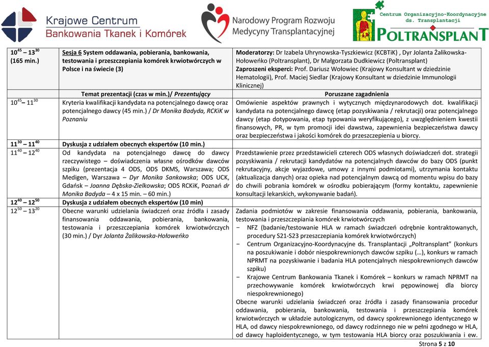 oraz potencjalnego dawcy (45 min.) / Dr Monika Badyda, RCKiK w Poznaniu 11 30 11 40 Dyskusja z udziałem obecnych ekspertów (10 min.