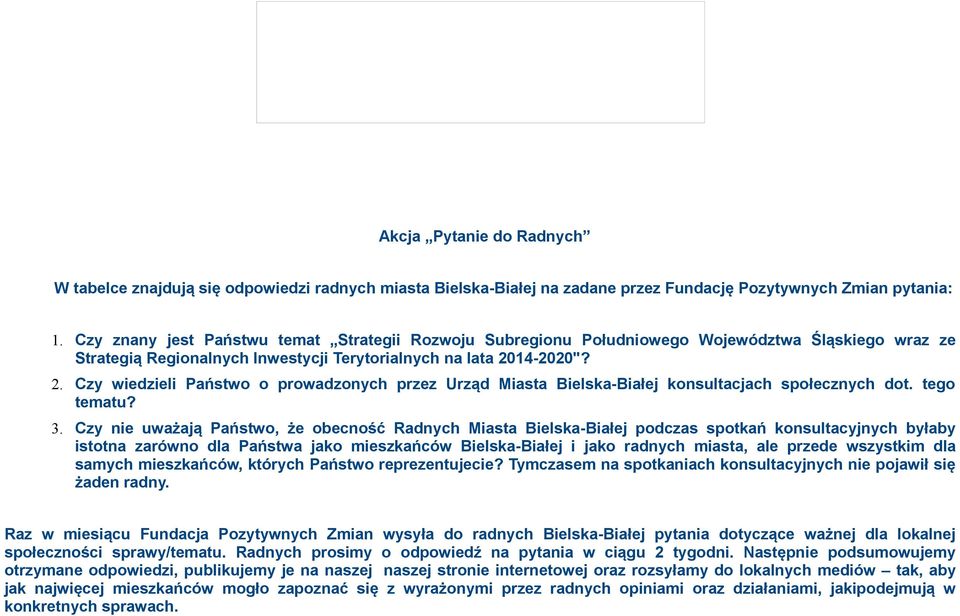 14-2020"? 2. Czy wiedzieli Państwo o prowadzonych przez Urząd Miasta Bielska-Białej konsultacjach społecznych dot. tego tematu? 3.