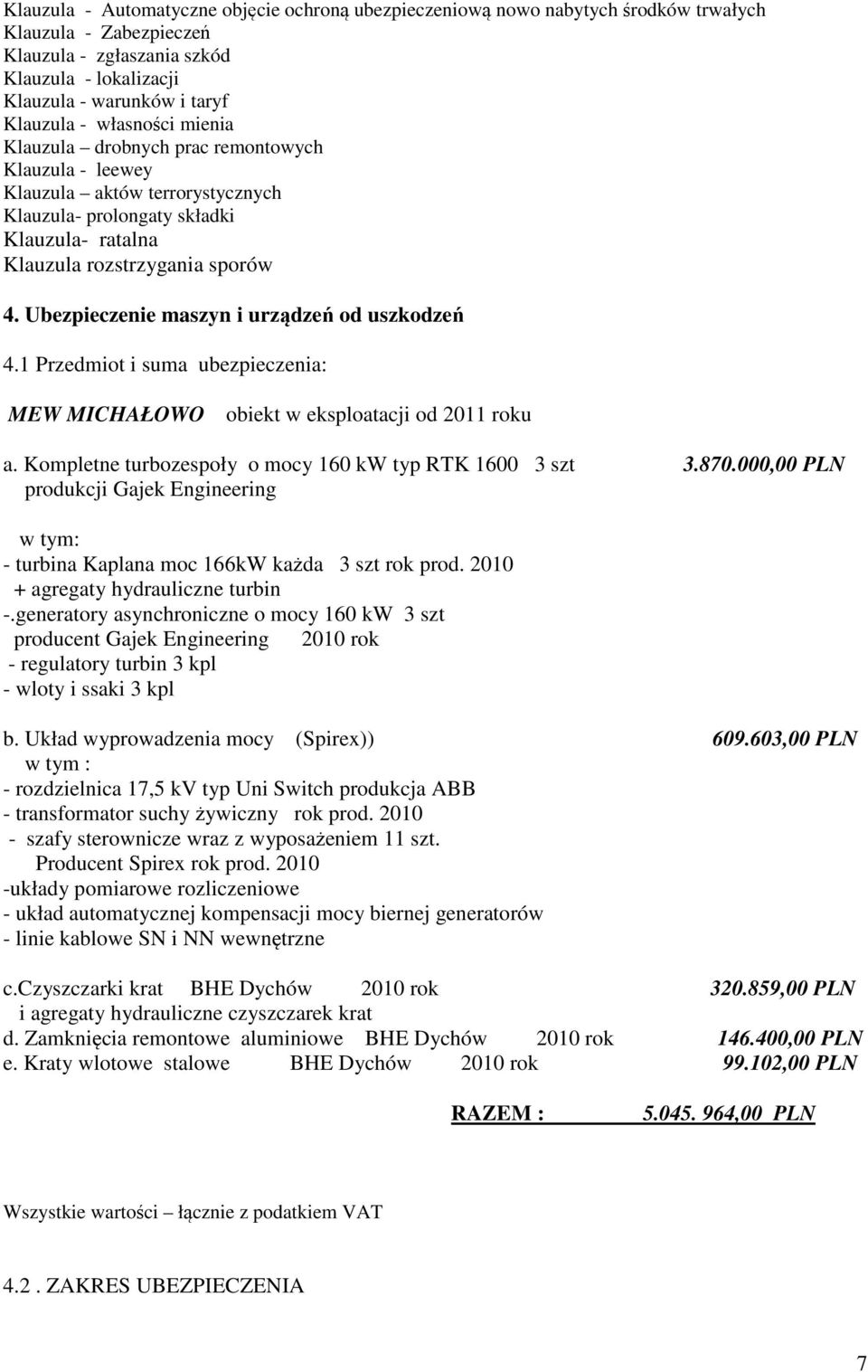 Ubezpieczenie maszyn i urządzeń od uszkodzeń 4.1 Przedmiot i suma ubezpieczenia: MEW MICHAŁOWO obiekt w eksploatacji od 2011 roku a. Kompletne turbozespoły o mocy 160 kw typ RTK 1600 3 szt 3.870.