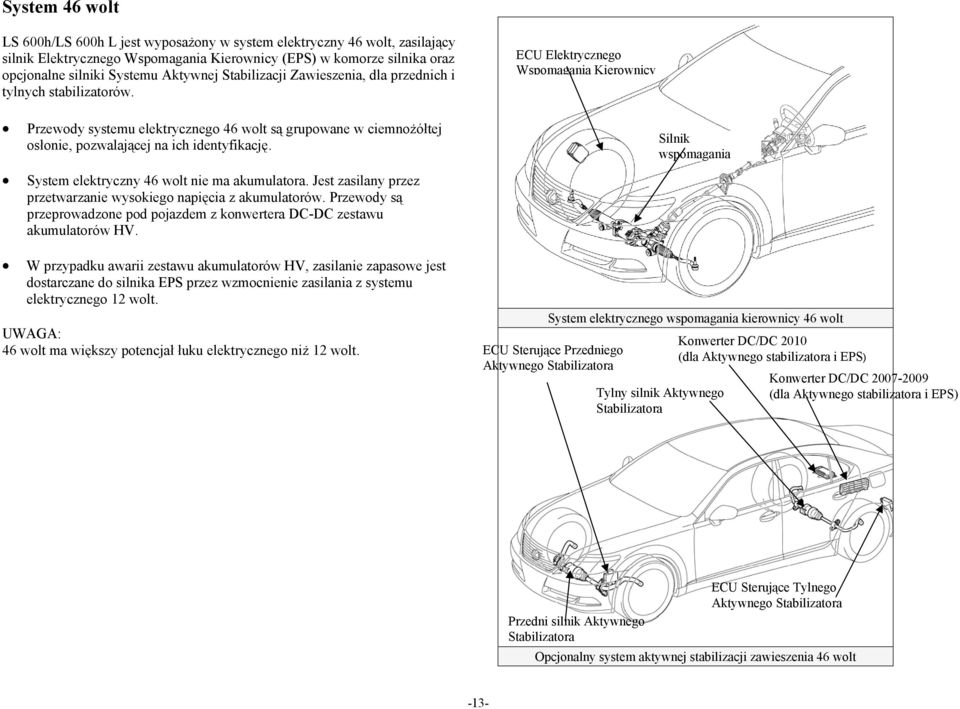 ECU Elektrycznego Wspomagania Kierownicy Przewody systemu elektrycznego 46 wolt są grupowane w ciemnożółtej osłonie, pozwalającej na ich identyfikację. System elektryczny 46 wolt nie ma akumulatora.