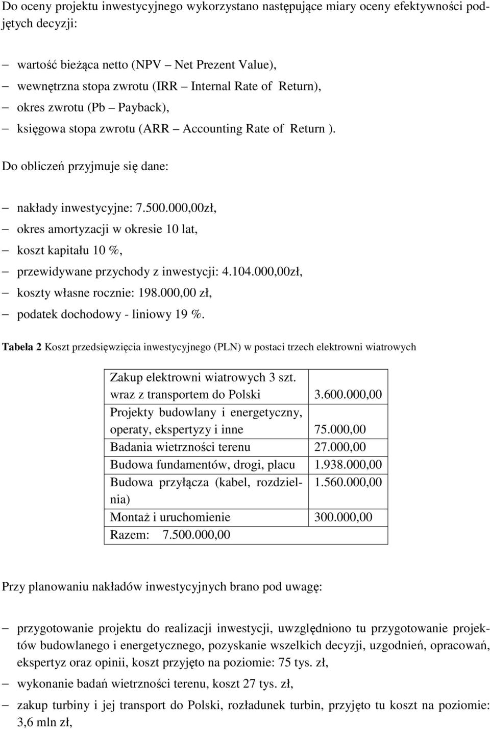 000,00zł, okres amortyzacji w okresie 10 lat, koszt kapitału 10 %, przewidywane przychody z inwestycji: 4.104.000,00zł, koszty własne rocznie: 198.000,00 zł, podatek dochodowy - liniowy 19 %.