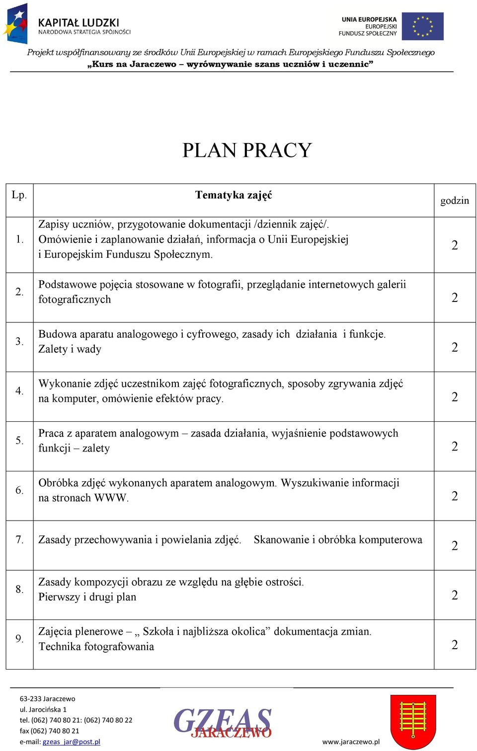 Wykonanie zdjęć uczestnikom zajęć fotograficznych, sposoby zgrywania zdjęć na komputer, omówienie efektów pracy. 5.