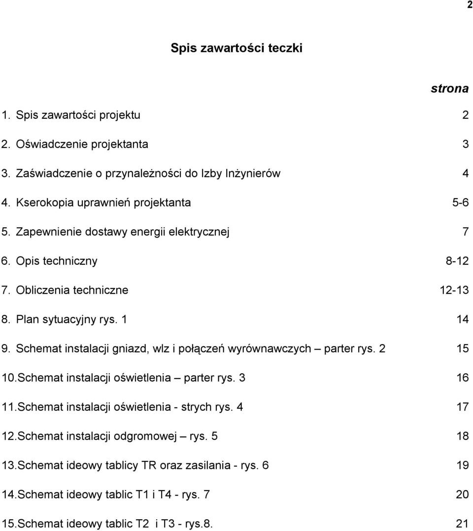 Schemat instalacji gniazd, wlz i połączeń wyrównawczych parter rys. 2 15 10.Schemat instalacji oświetlenia parter rys. 3 16 11.Schemat instalacji oświetlenia - strych rys.