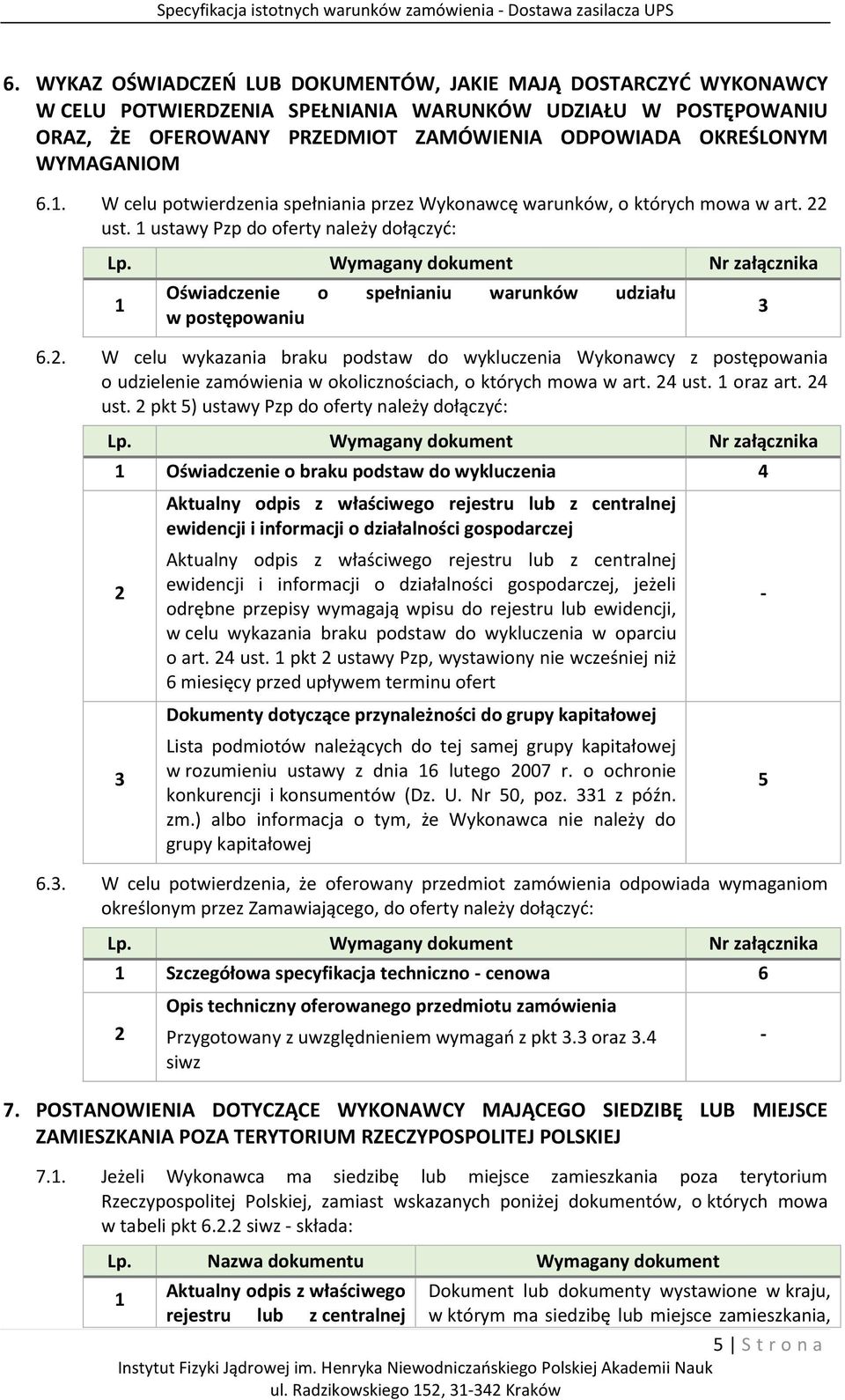 1 ustawy Pzp do oferty należy dołączyć: Wymagany dokument Nr załącznika 1 Oświadczenie o spełnianiu warunków udziału w postępowaniu 6.2.