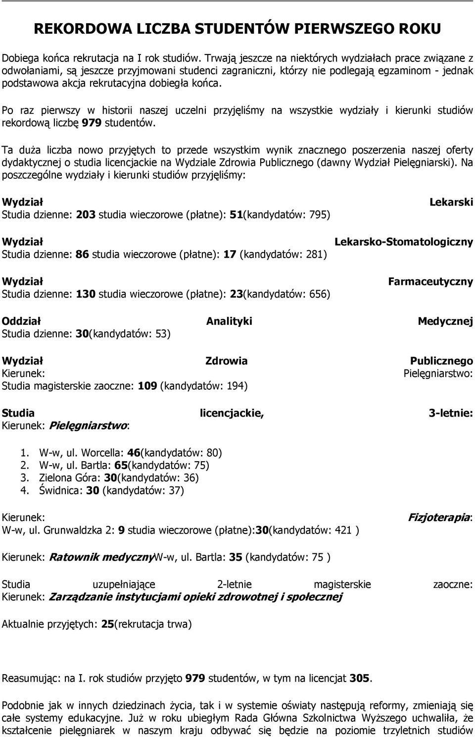 P raz pierwszy w histrii naszej uczelni przyjęliśmy na wszystkie wydziały i kierunki studiów rekrdwą liczbę 979 studentów.