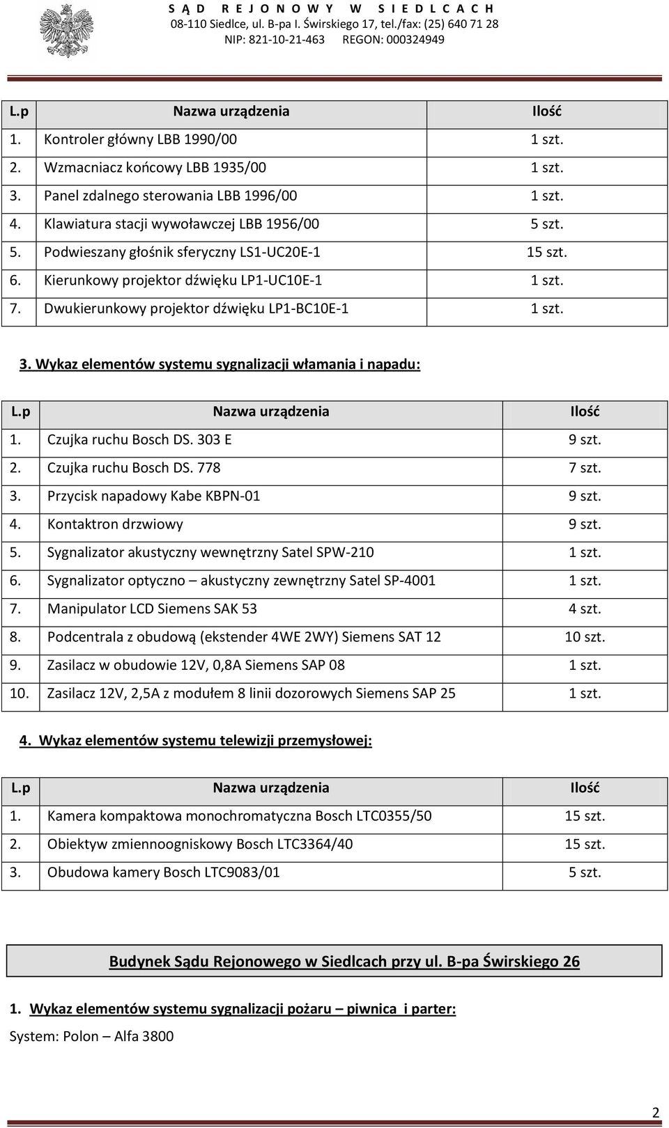 Wykaz elementów systemu sygnalizacji włamania i napadu: 1. Czujka ruchu Bosch DS. 303 E 9 szt. 2. Czujka ruchu Bosch DS. 778 7 szt. 3. Przycisk napadowy Kabe KBPN-01 9 szt. 4.