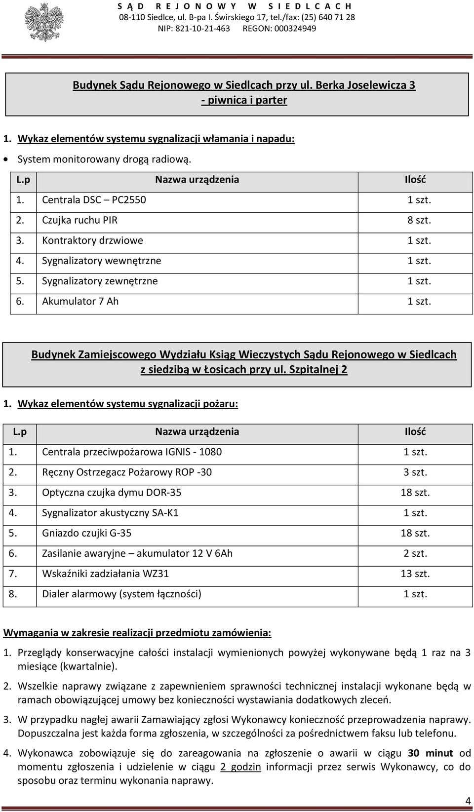 Budynek Zamiejscowego Wydziału Ksiąg Wieczystych Sądu Rejonowego w Siedlcach z siedzibą w Łosicach przy ul. Szpitalnej 2 1. Wykaz elementów systemu sygnalizacji pożaru: 1.