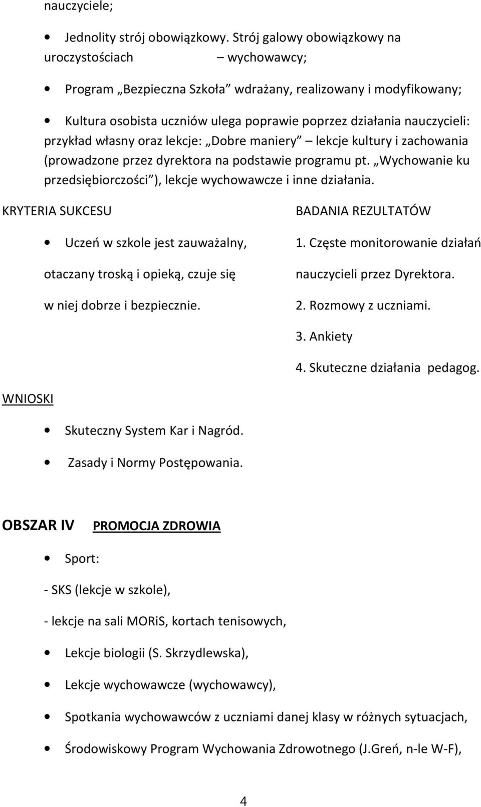 własny oraz lekcje: Dobre maniery lekcje kultury i zachowania (prowadzone przez dyrektora na podstawie programu pt. Wychowanie ku przedsiębiorczości ), lekcje wychowawcze i inne działania.