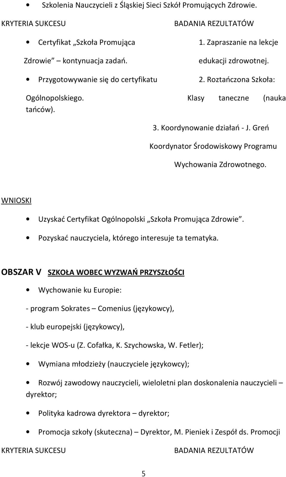 Uzyskać Certyfikat Ogólnopolski Szkoła Promująca Zdrowie. Pozyskać nauczyciela, którego interesuje ta tematyka.