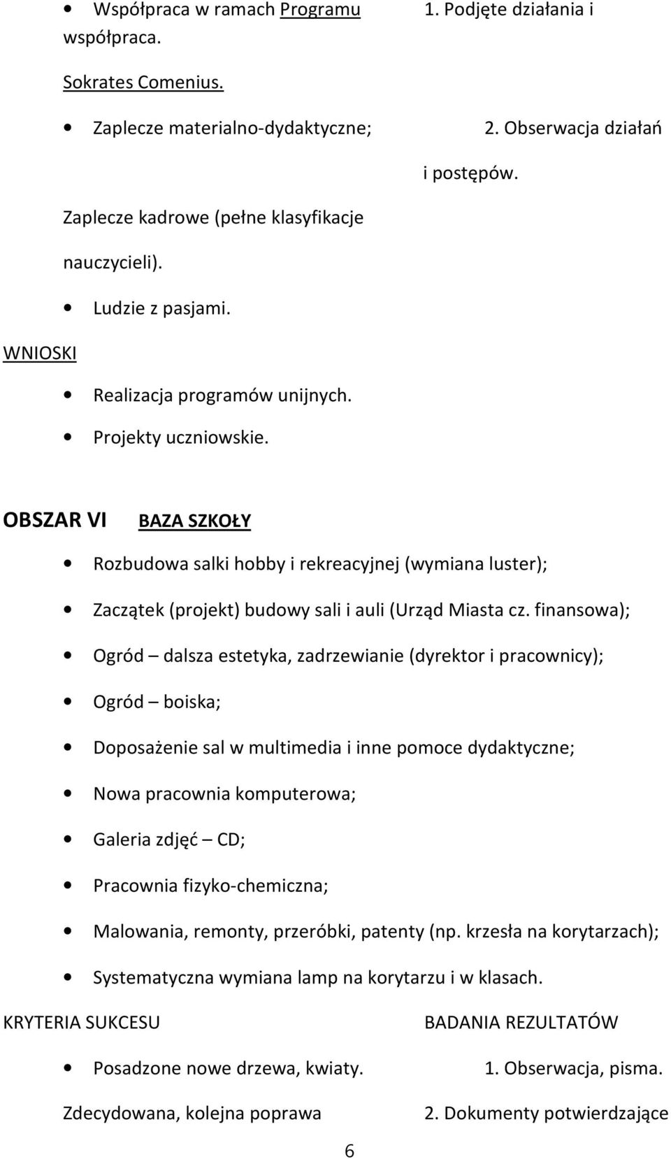 OBSZAR VI BAZA SZKOŁY Rozbudowa salki hobby i rekreacyjnej (wymiana luster); Zaczątek (projekt) budowy sali i auli (Urząd Miasta cz.