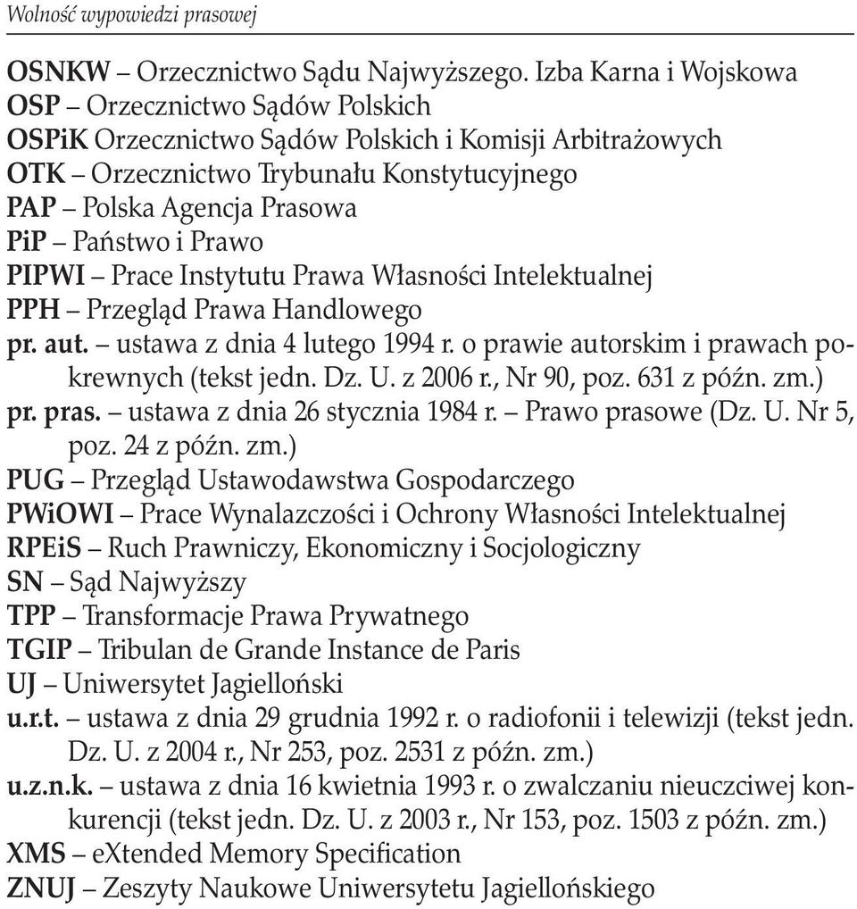 Prawo PIPWI Prace Instytutu Prawa Własności Intelektualnej PPH Przegląd Prawa Handlowego pr. aut. ustawa z dnia 4 lutego 1994 r. o prawie autorskim i prawach pokrewnych (tekst jedn. Dz. U. z 2006 r.