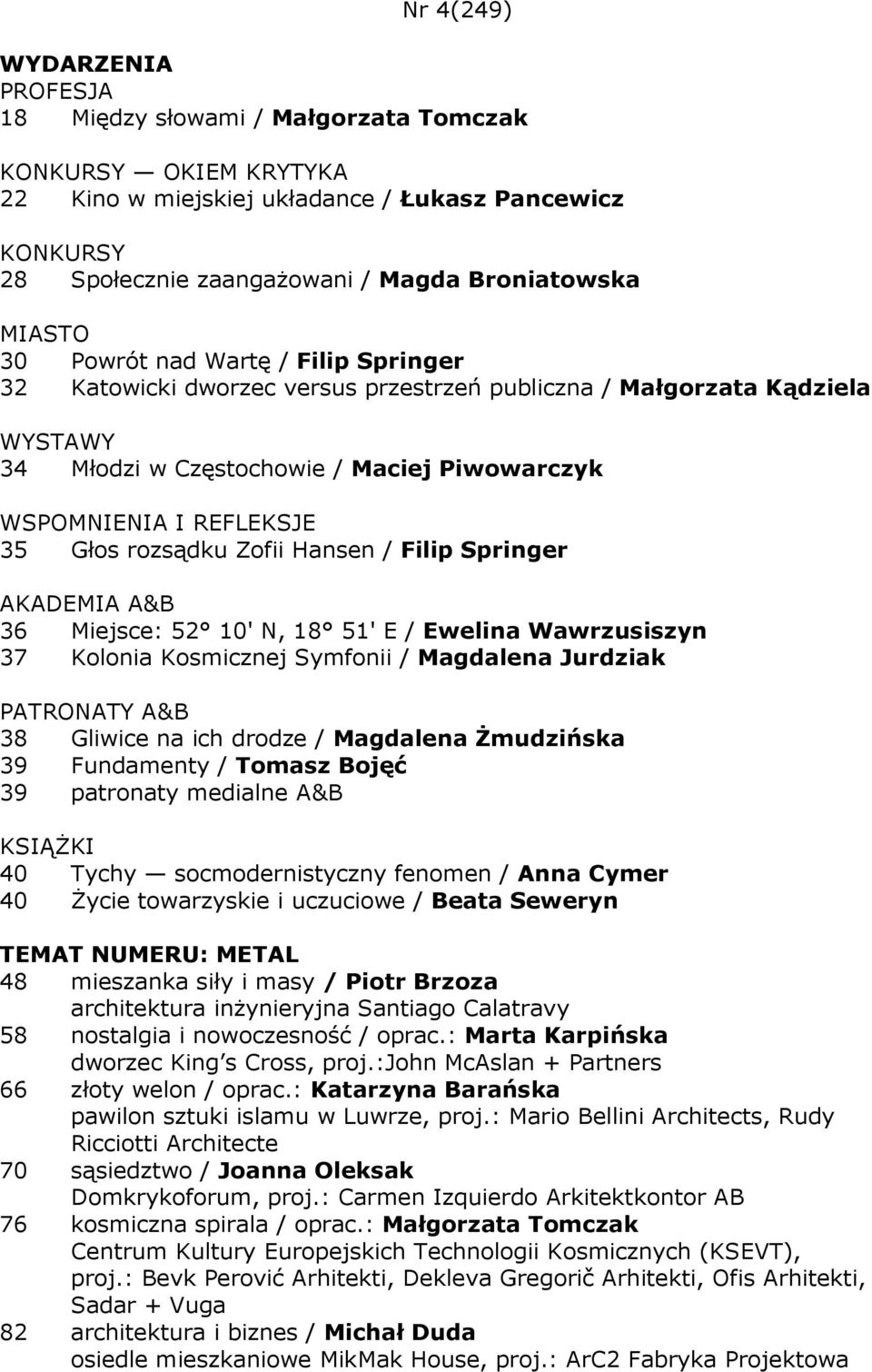 Zofii Hansen / Filip Springer 36 Miejsce: 52 10' N, 18 51' E / Ewelina Wawrzusiszyn 37 Kolonia Kosmicznej Symfonii / Magdalena Jurdziak 38 Gliwice na ich drodze / Magdalena Żmudzińska 39 Fundamenty /